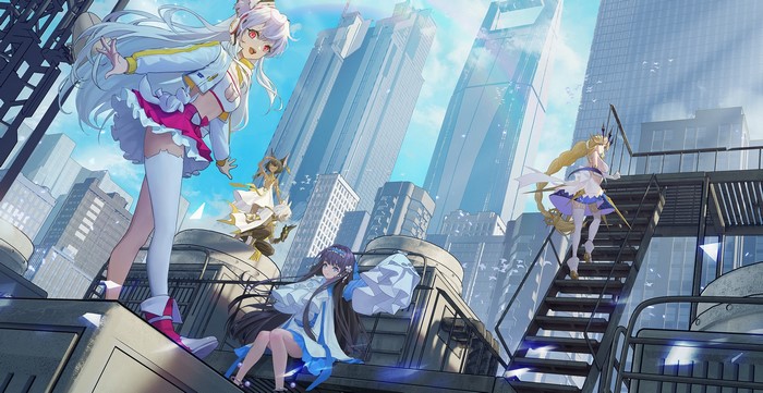 anime, cityscape, kirino ttk, anime girls, white thigh highs
