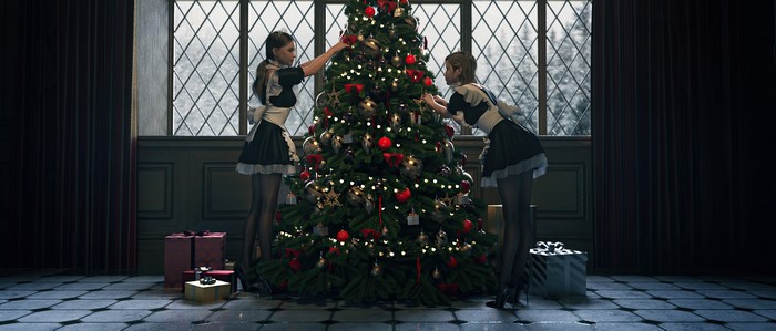 4K, two women, women indoors, indoors, maid outfit, Lou LL, maid, Christmas Tree, CGI, render, Christmas ornaments, gift, digital art