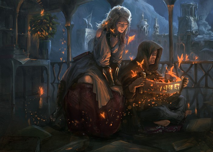 digital painting, sitting, fantasy art, ArtStation, pointed ears, scrolls, fireflies, Efflam Mercier, digital art, artwork, women, drawing