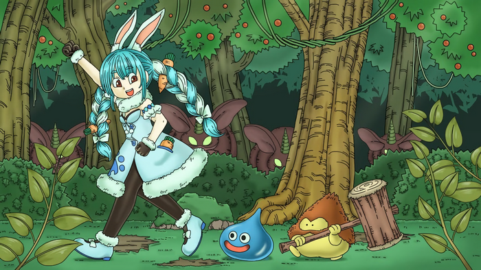 Dragon Quest, Hammerhood, Usada Pekora, forest, slimes, Hololive