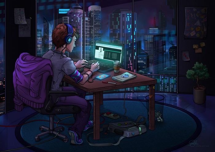 chair, iPhone, drawing, indoors, artwork, city lights, city, laptop, ArtStation, sitting, digital art, digital painting, headphones