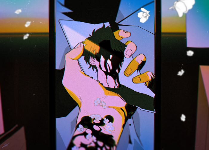 4K, anime, anime boys, sunset, short hair, brunette, flowers, broken glass, mirror