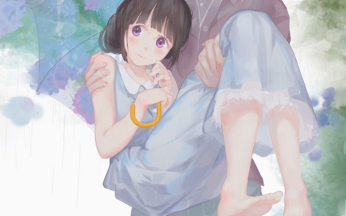 anime girls, umbrella, dress, rain, barefoot, Chitanda Eru, blush, looking away, purple eyes, JQ (artist), flowers, brunette, Hyouka, anime