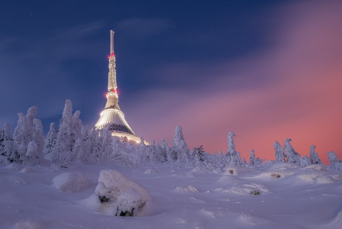 snow, clouds, landscape, night, building, lights, sky, trees, nature, winter, Czech Republic