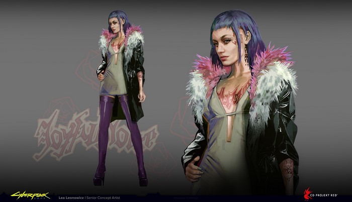 Lea Leonowicz, Cyberpunk 2077, simple background, drawing, dress, open jacket, video game art, fan art, concept art, artwork, video games, CD Projekt RED, tattoo, ArtStation, looking away, Evelyn Parker, short hair, women, purple hair, digital art