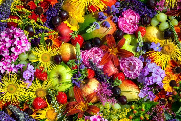 Colorful still life arrangement of fruits and flowers