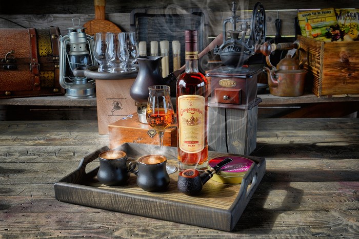 wooden surface, bottles, alcohol, still life, cup, coffee, pipe