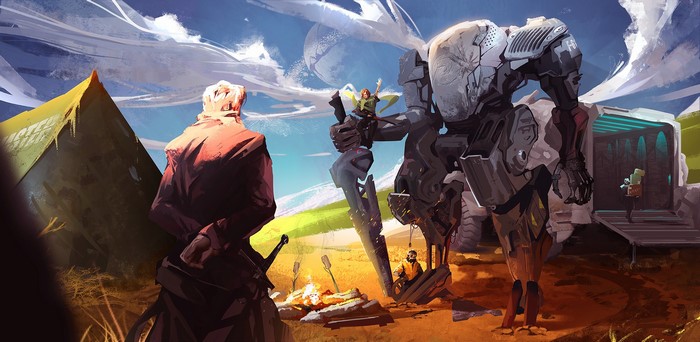 clouds, ArtStation, camp, white hair, Rashed AlAkroka, digital art, robot, sky, artwork, sword, drawing