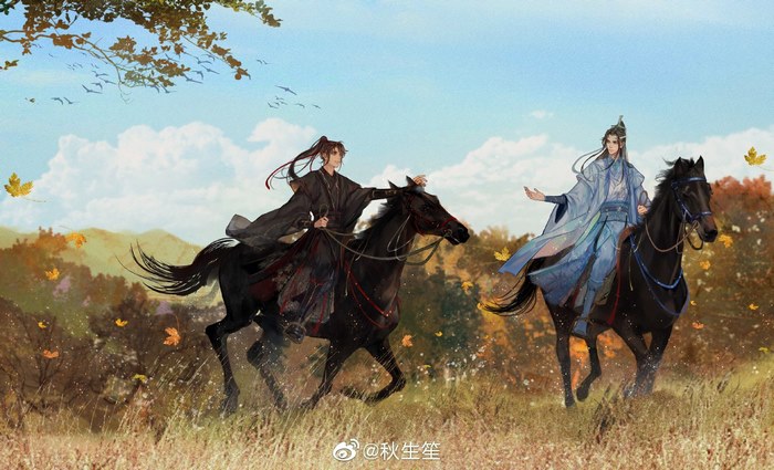 Lan Zhan and Wei Ying on horses in autumn