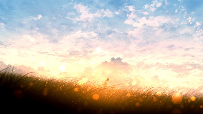 4K, grass, digital painting, furi (Artist), clouds, digital, sunset, digital art, field, sky, drawing, artwork
