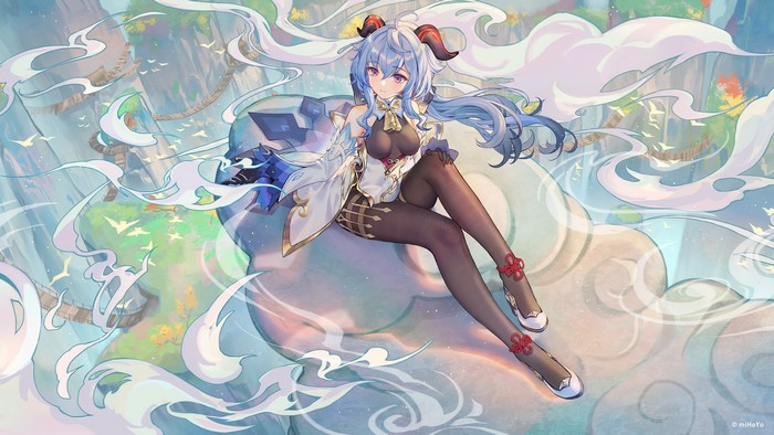 blue hair, Genshin Impact, Atdan, anime girls, purple eyes, Ganyu (Genshin Impact), horns, bodysuit, bodystockings