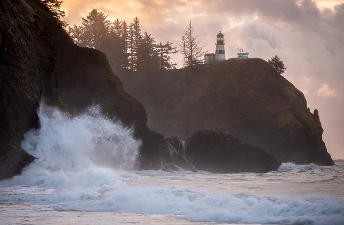lighthouse, sky, sea, clouds, shore, landscape, nature, USA, trees, Washington