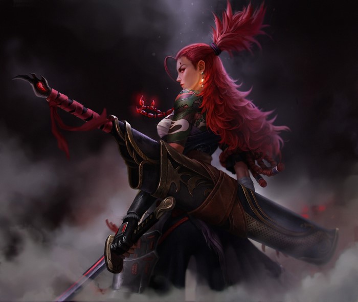 artwork, ArtStation, smoke, digital art, red eyes, women, redhead, from behind, sword, Lincheng Xiong