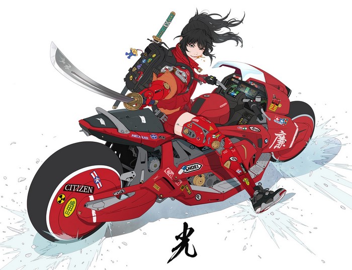 bangs, 2D, Akira, Gharliera, black hair, vehicle, katana, anime girls eating, white background, ponytail, thighs, anime girls, anime, long hair, simple background, original characters, women with motorcycles, parted lips