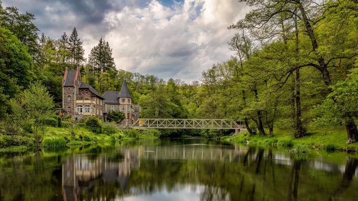 Hotel Bodeblick in Treseburg, Germany with river and bridge