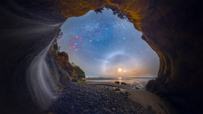stars, cave, beach, sea, outdoors, nature, coast, sky, digital art
