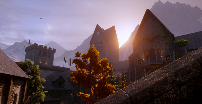 landscape, red, mountains, castle, Dragon Age Inquisition, Skyhold, orange, Dragon Age