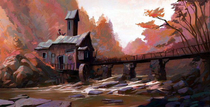 Artistic watermill house by a river