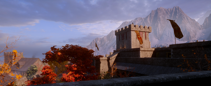 Dragon Age Inquisition, Skyhold, castle, mountains, Dragon Age, landscape, orange, red