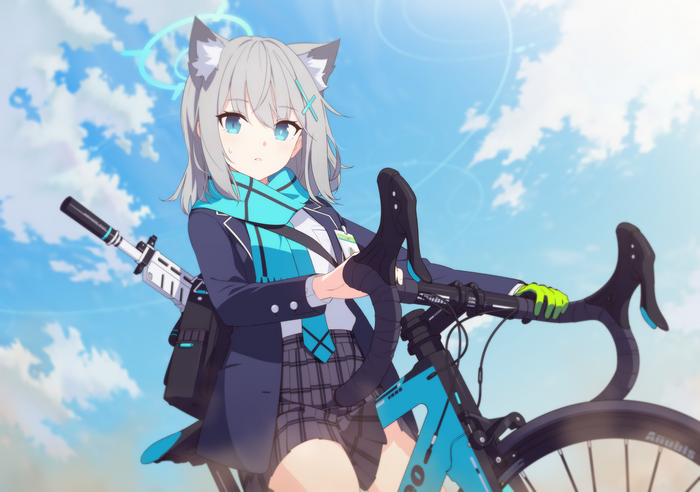 Blue Archive Anime Girl with Bicycle and Weapon