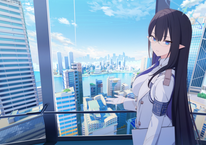 pointy ears, cityscape, blue eyes, anime girls, blue archive, black hair, long hair, glasses