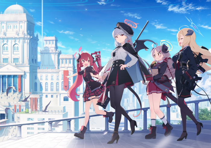 blue archive, group of women, looking at viewer, city, anime girls, anime, sky, women outdoors, heels, legs
