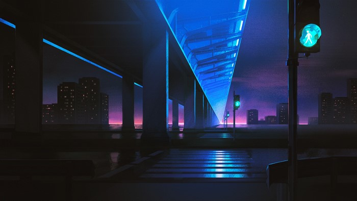 traffic lights, artwork, city, night, digital art