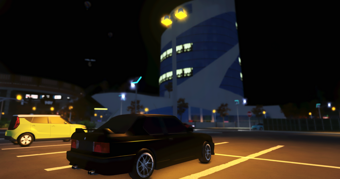 parking lot, Kia, Pacifico (Roblox Game), drone, Roblox, building, street light, reflection, skyscraper, Bmw E30 m3