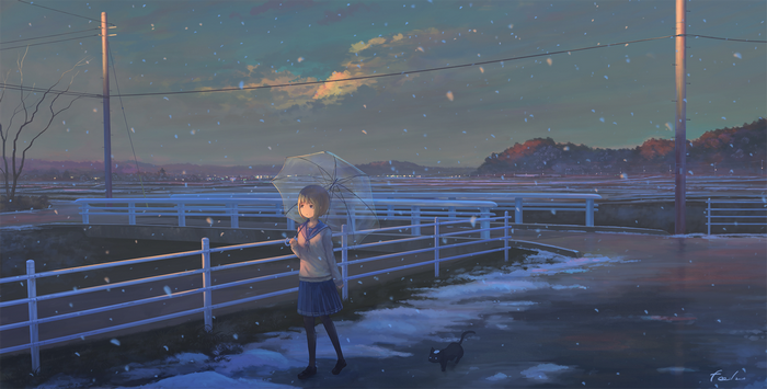 black cats, original characters, anime girls, umbrella, Nasitaki, winter