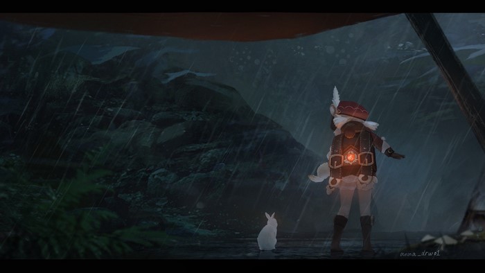 game characters, Genshin Impact, artwork, rabbits, Klee (Genshin Impact), anna_drw01, digital, anime girls, rain, loli