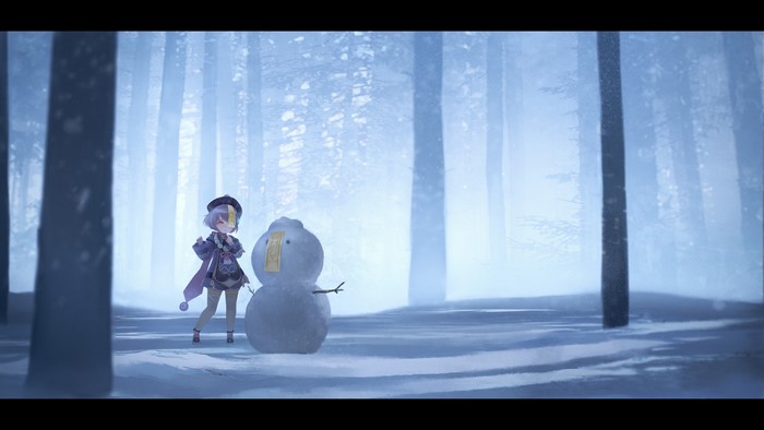 snowmen, loli, Genshin Impact, snow, artwork, forest, blue, game characters, Qiqi (Genshin Impact), snowman, digital, anna_drw01
