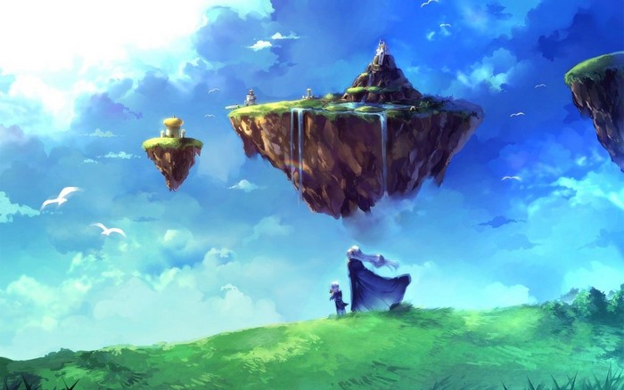 anime girls, Chrono Trigger, fantasy art, floating island, landscape