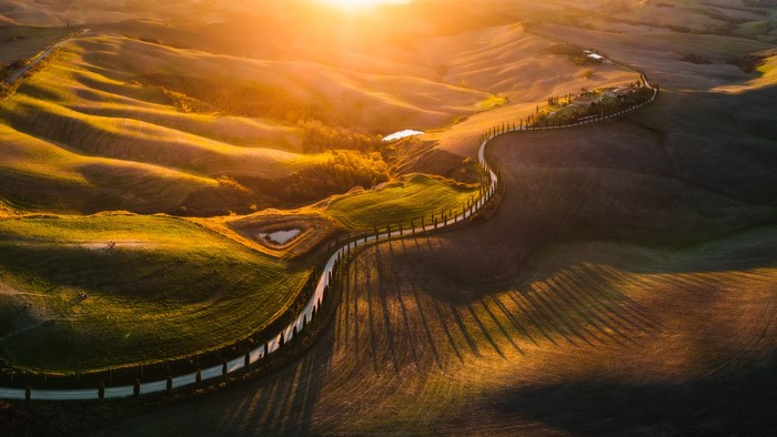 sunset, outdoors, landscape, Sun, Pawel Uchorczak, road, warm light, hills, sunlight, photography