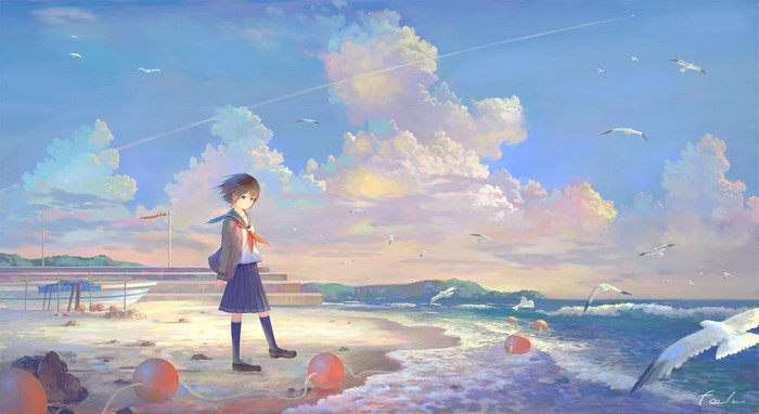 original characters, shore, landscape, moescape, sky, anime girls, school uniform, beach, clouds