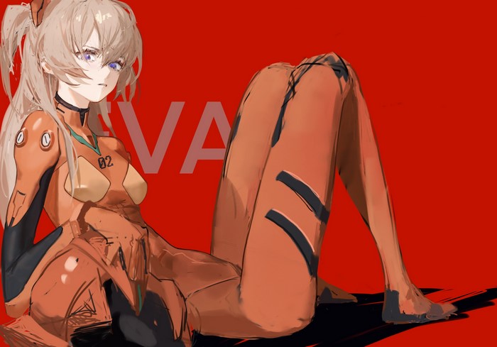 2D, anime girls, blue eyes, Asuka Langley Soryu, belly, redhead, ERUU, simple background, curvy, bangs, fan art, anime, parted lips, helmet, twintails, Neon Genesis Evangelion, plugsuit, thighs, red background