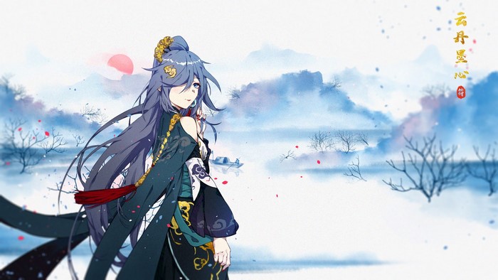 kimono, trees, anime, red nails, blue eyes, long hair, river, mountains, blue hair, Fu Hua, Honkai Impact 3rd, anime girls, JinYun Rex