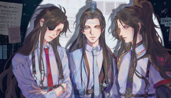 Hua Cheng, Lan Wangji, and Luo Binghe in formal attire