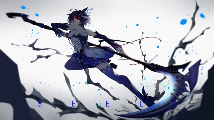 anime girls, JinYun Rex, anime, red eyes, Honkai Impact 3rd, Seele Vollerei, scythe
