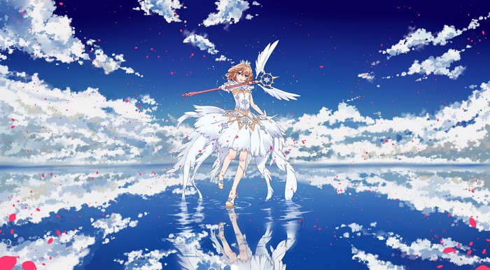 4K, anime, Cardcaptor Sakura, anime girls, mirrored, JinYun Rex, Kinomoto Sakura, petals, sky, clouds