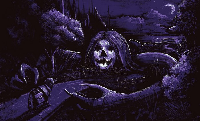 Scary pumpkin monster in a dark forest