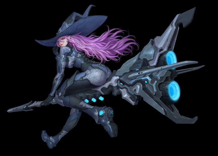 long hair, anime girls, artwork, witch hat, pink hair, simple background, pointy ears, anime