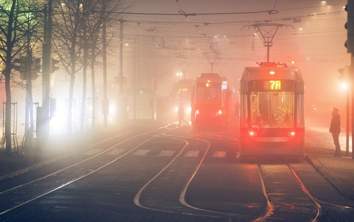 city, road, Finland, Helsinki, mist, tram, street, railway