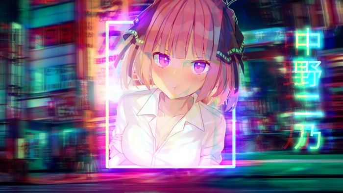 4K, Nakano Nino, 5-toubun no Hanayome, city, anime girls, neon, picture-in-picture, waifu2x