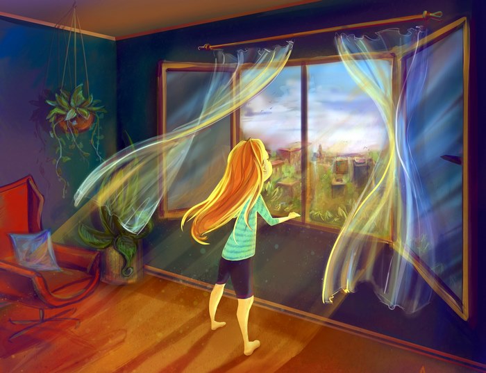Girl looking out a window with curtains blowing