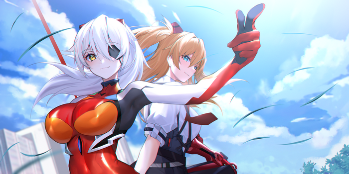 long hair, sky, yellow eyes, Asuka Langley Soryu, anime girls, blue eyes, tight clothing, anime, plugsuit, white hair, redhead, bodysuit, clouds, Neon Genesis Evangelion