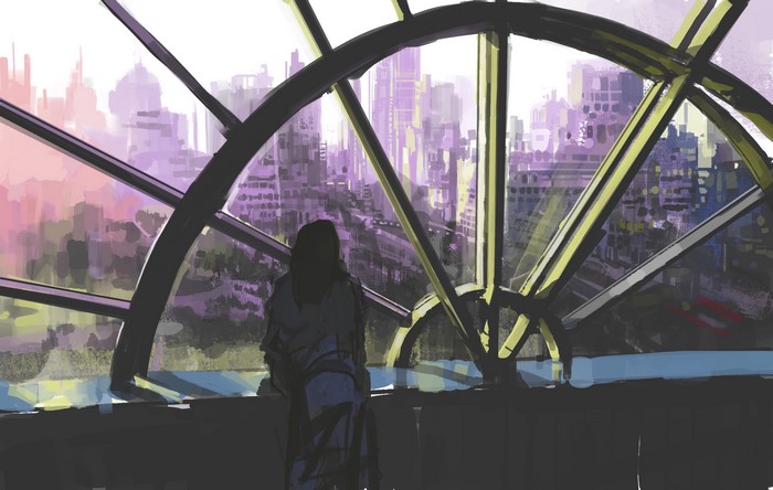 slow D, original characters, window, anime girls, cityscape