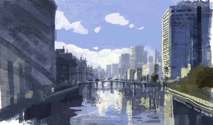 slow D, digital art, river, cityscape