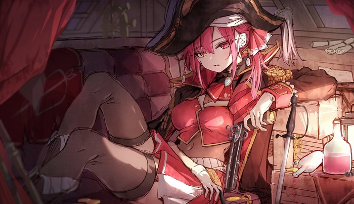stockings, gun, Pirate hat, Reley, Virtual Youtuber, anime girls, anime, sword, Hololive, heterochromia, Houshou Marine, pirates, redhead, thigh-highs