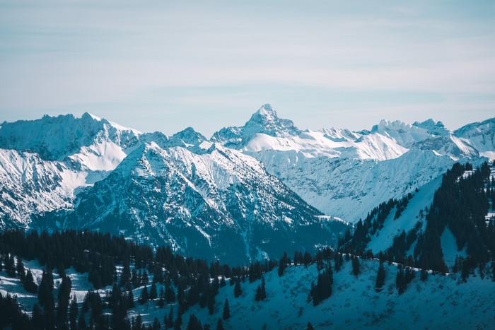 mountains, snowy mountain, nature, landscape, snow, pine trees