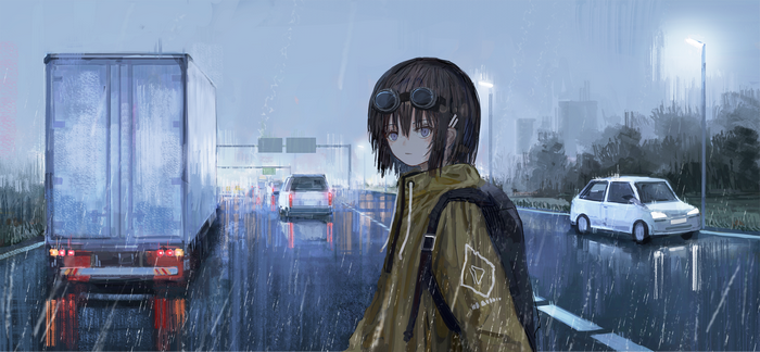artwork, digital art, anime girls, anime, portrait, truck, car, 2D, road, rain